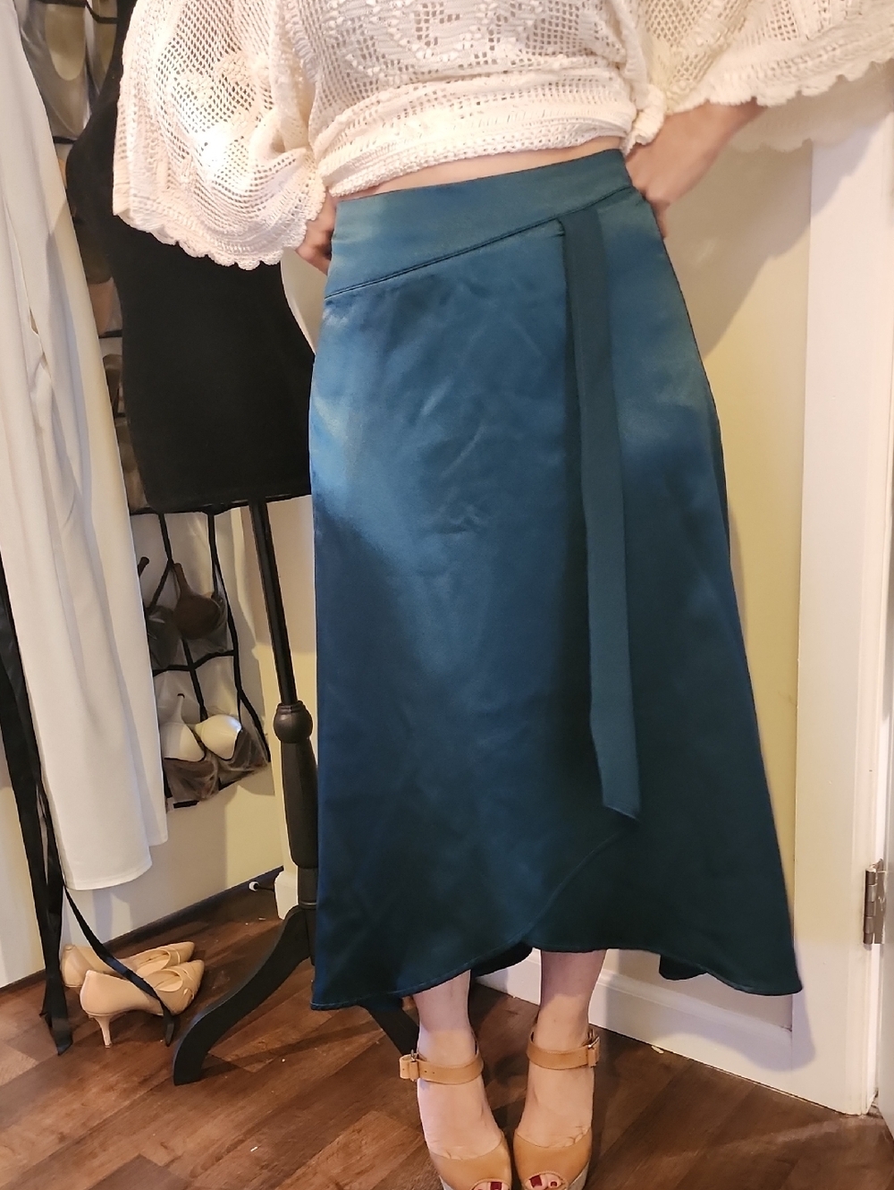 Revamped Teal Satin High-Low Wrap Skirt
